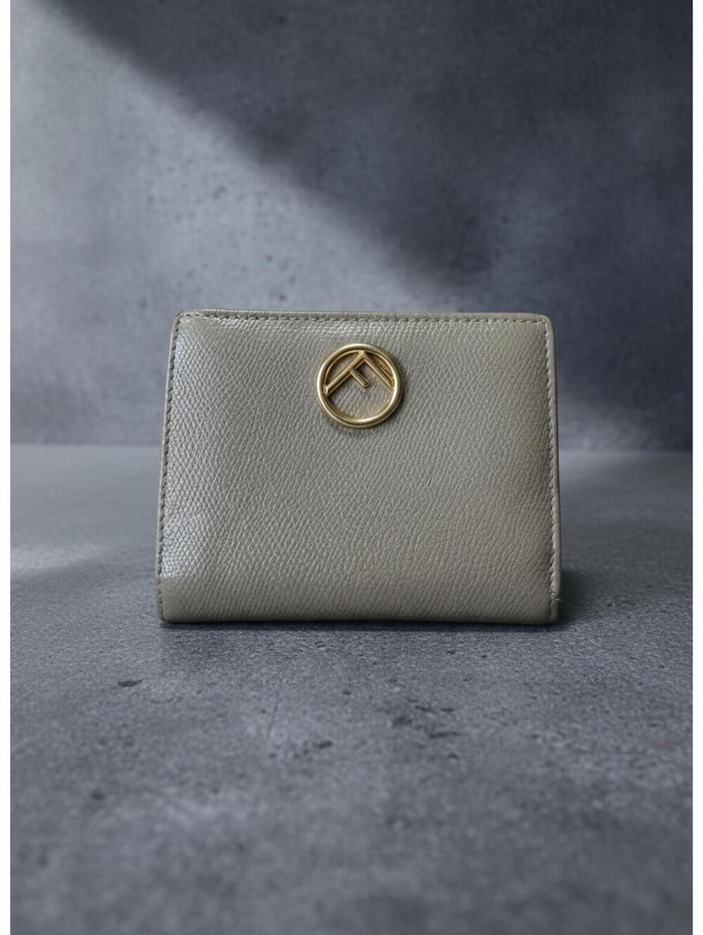 Fendi Gray Leather Card Holder Wallet with Gold Logo